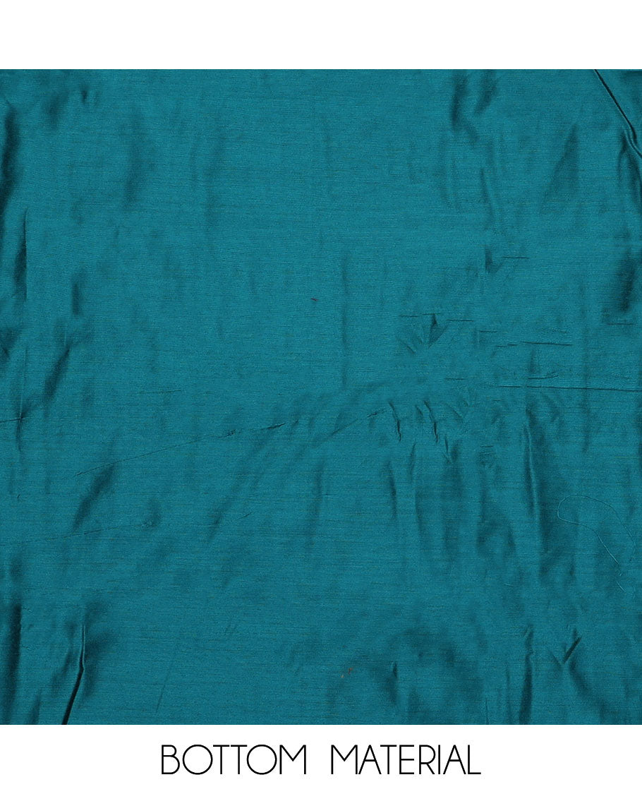 Sandal and blue material chudidar set, checks with neck ikkat embroidered top, plain bottom, and floral and chevron printed dupatta