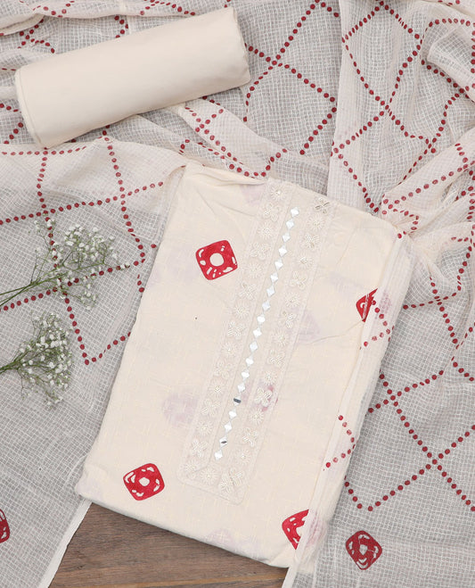 White-red material churidar set, shibori motifs print with mirror embroidered top, plain bottom, and a chex kota dupatta of polka dots