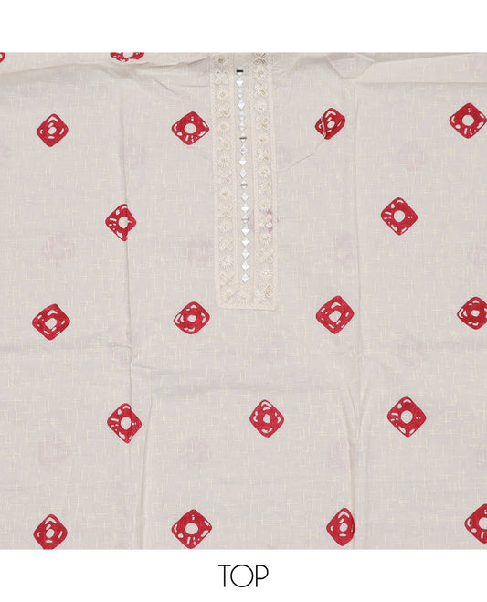 White-red material churidar set, shibori motifs print with mirror embroidered top, plain bottom, and a chex kota dupatta of polka dots