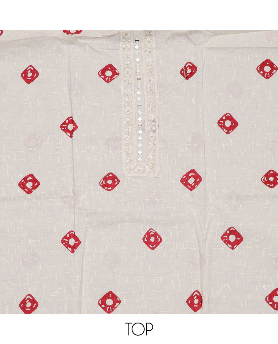 White-red material churidar set, shibori motifs print with mirror embroidered top, plain bottom, and a chex kota dupatta of polka dots