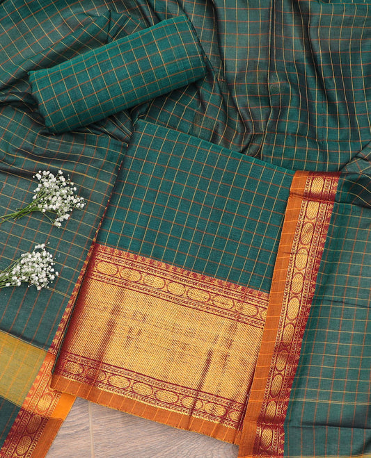 Green checked, intricate zari design chudidhar material top with plain bottom & checked, zari design border dupatta
