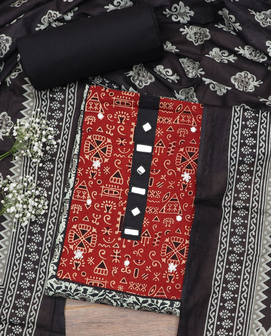 Black and white material chudidar set, floral vine print with cloth patch embroidered top, plain bottom, and batik-style floral printed dupatta