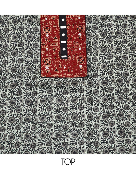 Black and white material chudidar set, floral vine print with cloth patch embroidered top, plain bottom, and batik-style floral printed dupatta
