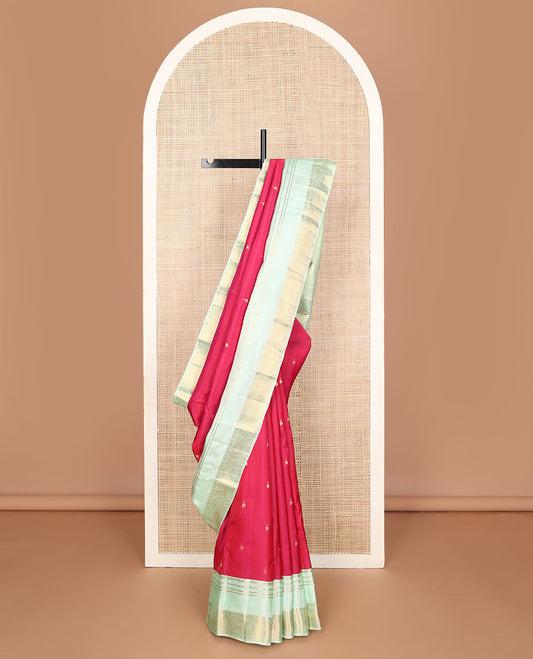 Red vasundhara elite saree with zari buttas, contrast rettai pettu border of neli,muthu,kamalam & kodi mayil & pallu of jaal designs