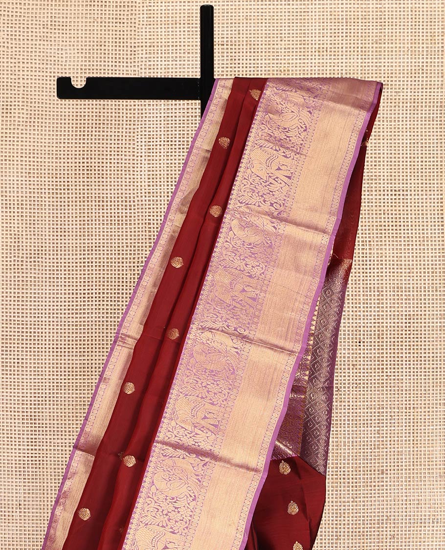 Red Vasundhara Lite-Silk Mix Saree, Graced with Zari Buttas, Contrast Border of Yaanai and Mayil Design, Grand Pallu, and a Contrast Blouse