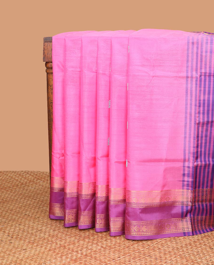 Pink floral motifs banana pith saree with contrast rettai pettu border & floral design pallu