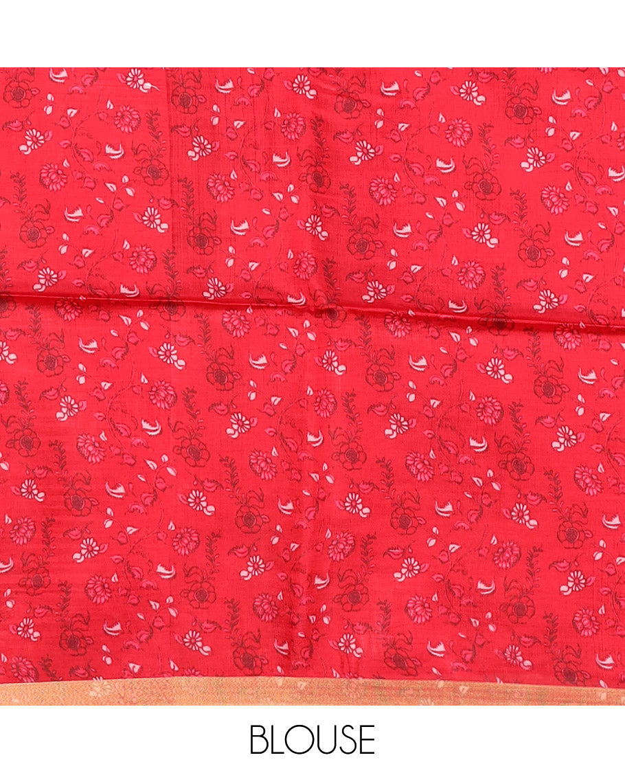 Sandal Banana Pith Saree Enriched with Floral Vine Print, Delicately Woven Zari Border, Gleaming Zari Pallu of Horizontal Stripes, and Paired with a Contrast Floral Printed Blouse