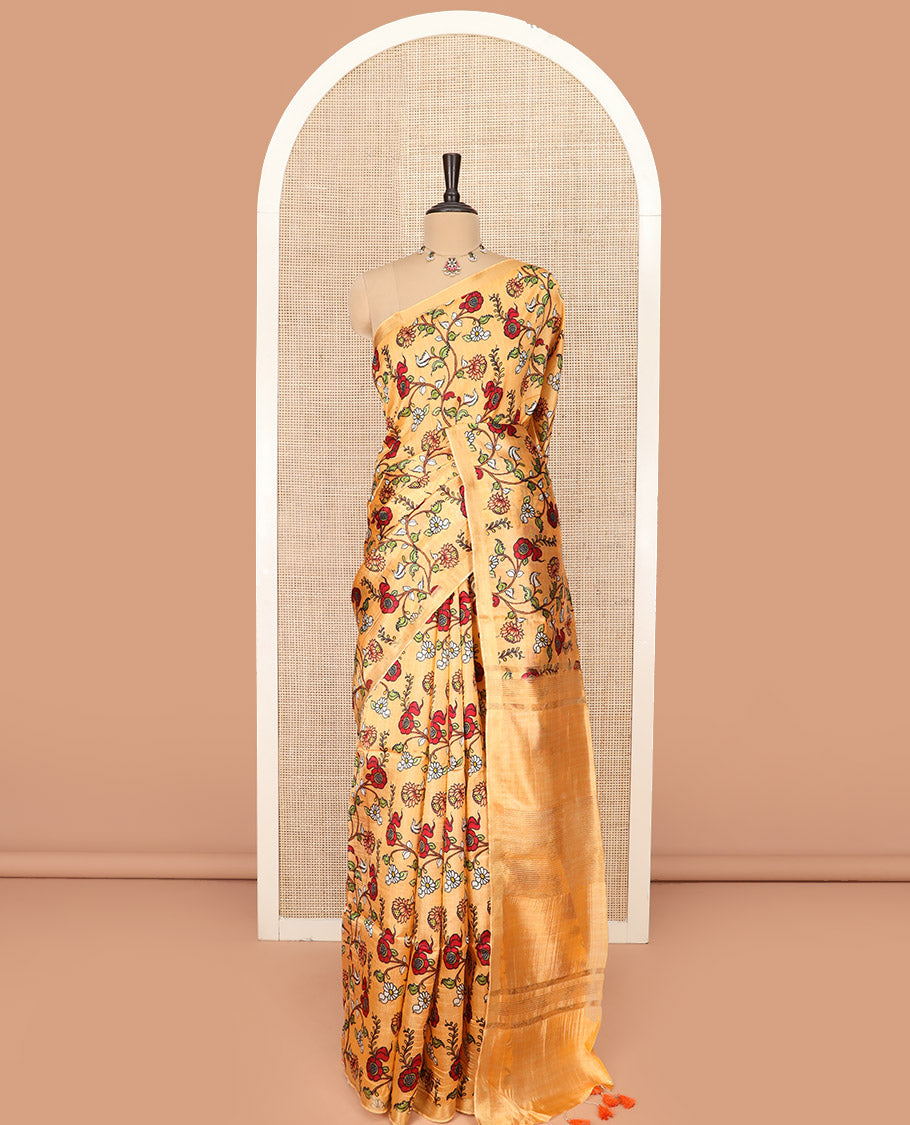 Sandal Banana Pith Saree Enriched with Floral Vine Print, Delicately Woven Zari Border, Gleaming Zari Pallu of Horizontal Stripes, and Paired with a Contrast Floral Printed Blouse