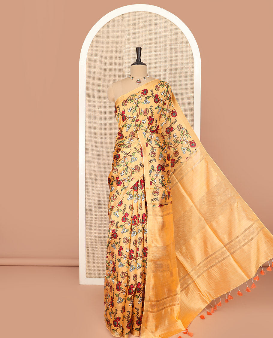 Sandal Banana Pith Saree Enriched with Floral Vine Print, Delicately Woven Zari Border, Gleaming Zari Pallu of Horizontal Stripes, and Paired with a Contrast Floral Printed Blouse