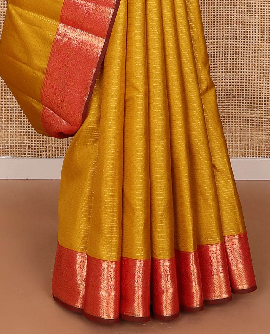 Yellow zari striped silk saree, contrast jaal pallu & zari border of muthu, kodi visiry, mayil & vanki designs