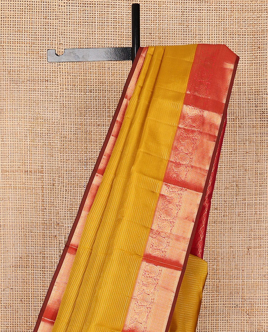 Yellow zari striped silk saree, contrast jaal pallu & zari border of muthu, kodi visiry, mayil & vanki designs