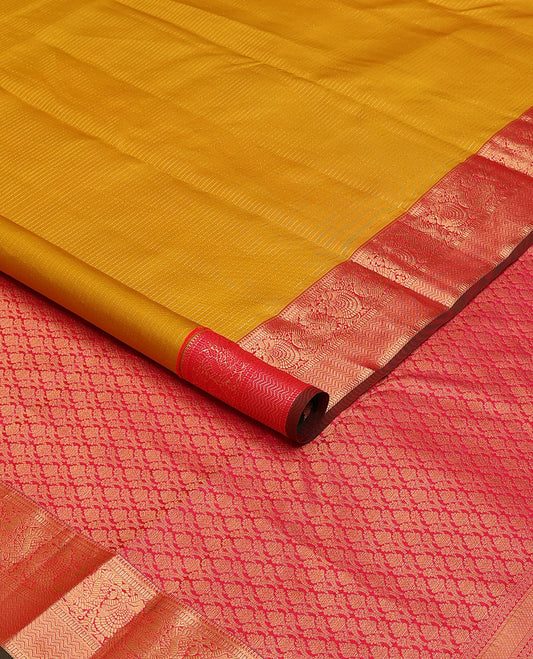 Yellow zari striped silk saree, contrast jaal pallu & zari border of muthu, kodi visiry, mayil & vanki designs