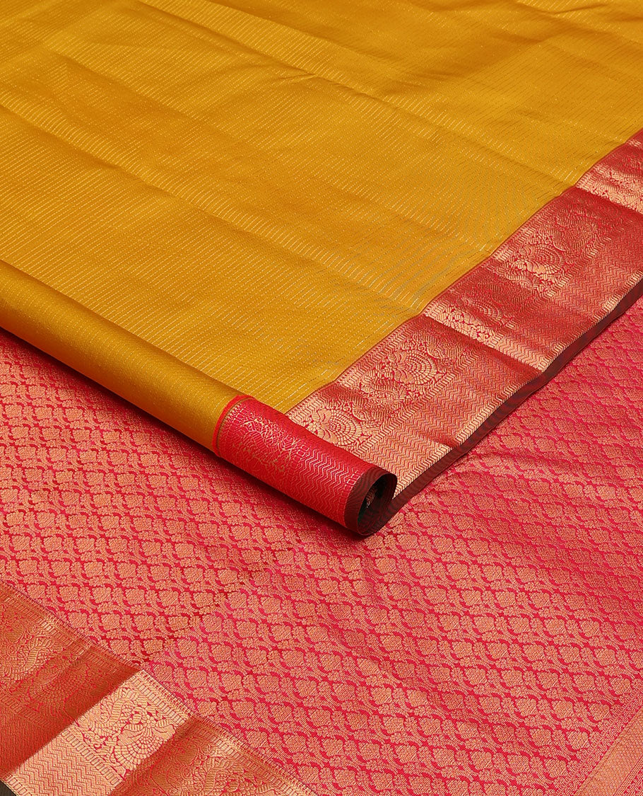 Yellow zari striped silk saree, contrast jaal pallu & zari border of muthu, kodi visiry, mayil & vanki designs