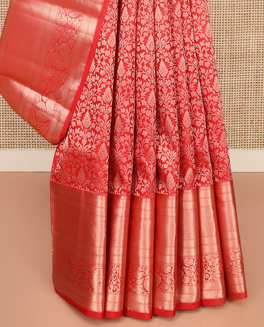 Red Kanchipuram Silk Saree Meticulously Designed with Floral Jaal Jacquard Design, Highlighted by Zari Border of Thilakam, Mayil Kann, Neli, and Mayil Designs, Gracefully Embellished Pallu, and Paired with a Matching Blouse