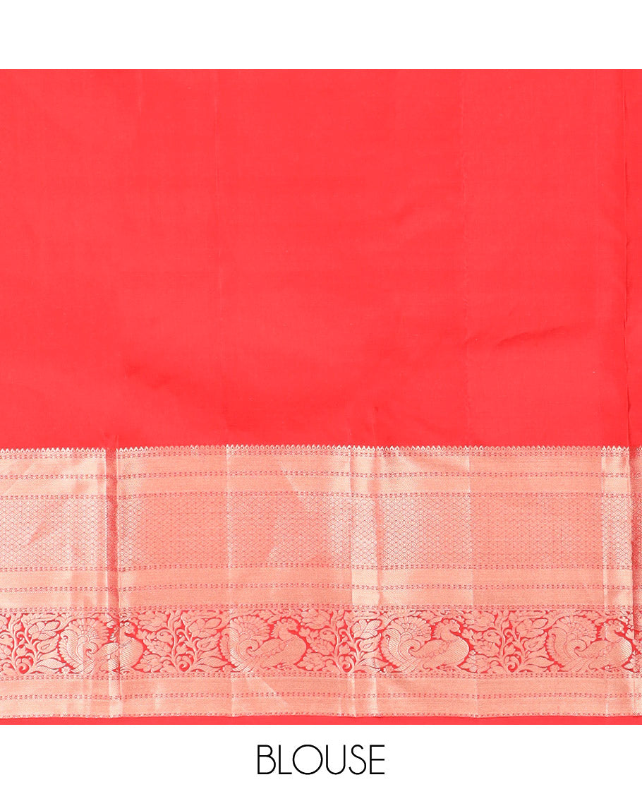 Red Kanchipuram Silk Saree Meticulously Designed with Floral Jaal Jacquard Design, Highlighted by Zari Border of Thilakam, Mayil Kann, Neli, and Mayil Designs, Gracefully Embellished Pallu, and Paired with a Matching Blouse