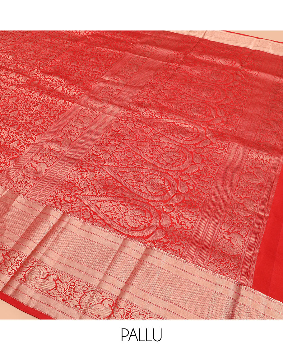 Red Kanchipuram Silk Saree Meticulously Designed with Floral Jaal Jacquard Design, Highlighted by Zari Border of Thilakam, Mayil Kann, Neli, and Mayil Designs, Gracefully Embellished Pallu, and Paired with a Matching Blouse