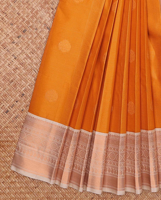 Orange stripes and buttas gift saree, contrast traditional zari design border, and zari-rich pallu