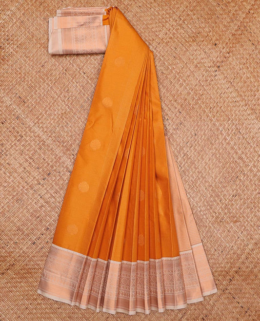 Orange stripes and buttas gift saree, contrast traditional zari design border, and zari-rich pallu
