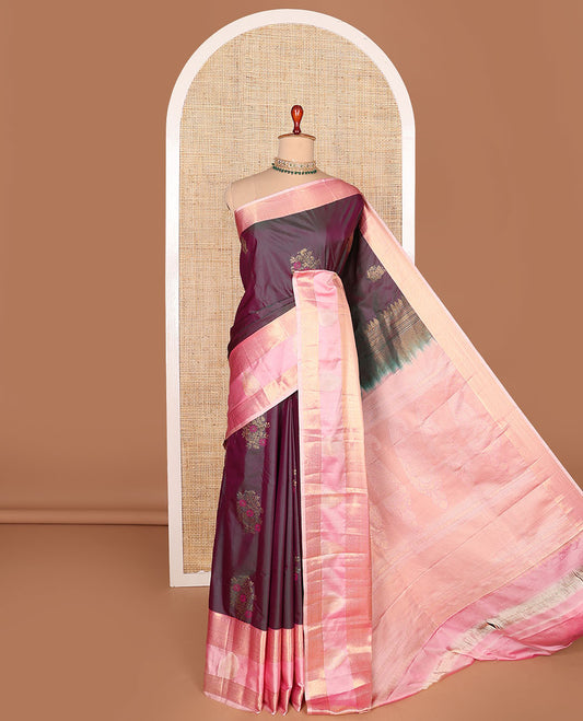 Purple zari buttas budget silk saree, contrast traditional zari border, and paisley design woven pallu