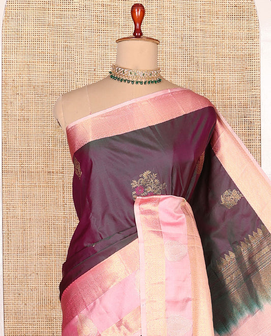 Purple zari buttas budget silk saree, contrast traditional zari border, and paisley design woven pallu