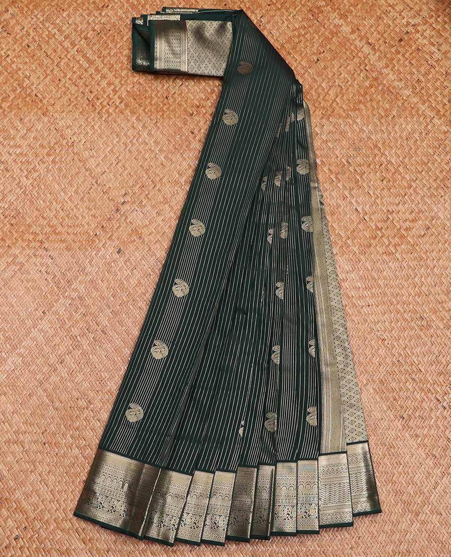 Green Budget Silk Saree Showcasing Zari Stripes and Paisley Buttas, Accentuated by a Traditional Motif Zari Border, Adorned with a Jaal-Designed Pallu, and Paired with a Matching Blouse
