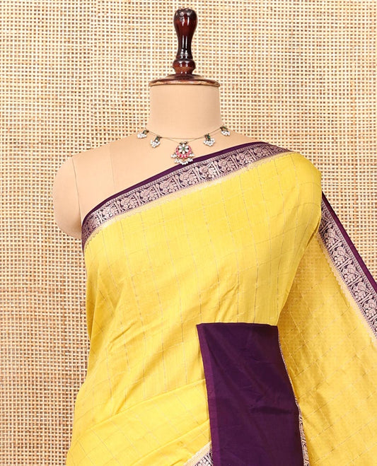 Yellow Assam Silk Saree, Sparsely Woven with Checks, Complemented by a Contrast Bird Motifs Zari Border, Zari-Striped Pallu, and a Contrast Blouse