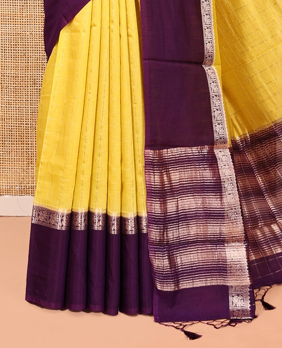 Yellow Assam Silk Saree, Sparsely Woven with Checks, Complemented by a Contrast Bird Motifs Zari Border, Zari-Striped Pallu, and a Contrast Blouse