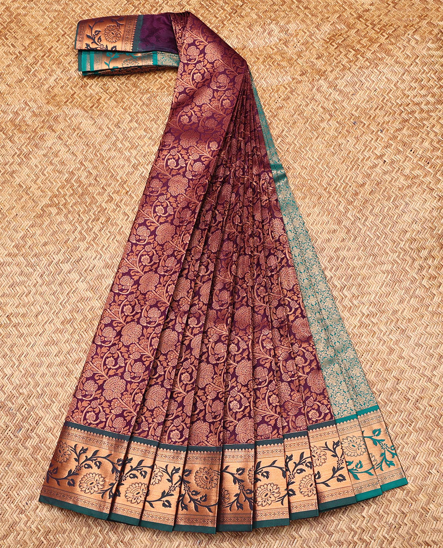 Wine Budget Silk Saree, Bedecked with Jacquard Design, Contrast Traditional Zari Border, Grand Pallu, and a Contrast Blouse