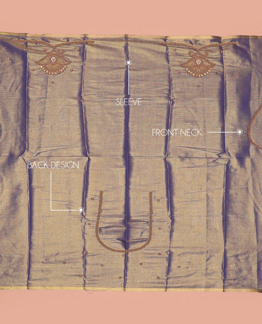 Blue Aari Blouse Material, Decorated with Unique Pattern Sugar Bead Embroidery on Its Sleeves, and Subtle Sugar Bead Work on Its Back and Front Neck