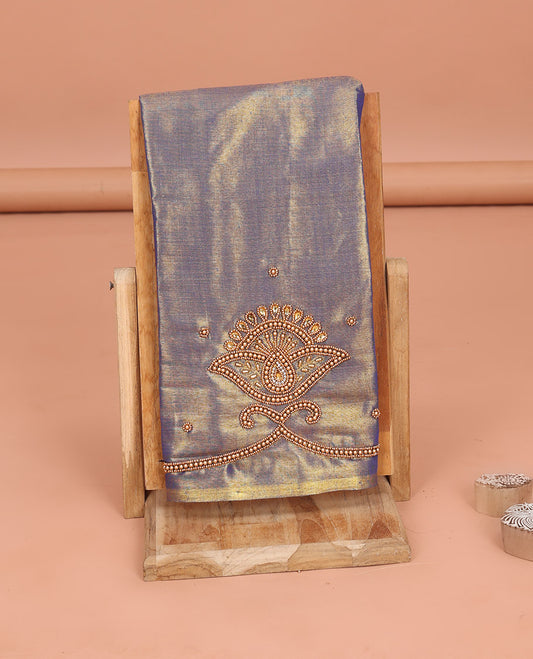 Blue Aari Blouse Material, Decorated with Unique Pattern Sugar Bead Embroidery on Its Sleeves, and Subtle Sugar Bead Work on Its Back and Front Neck