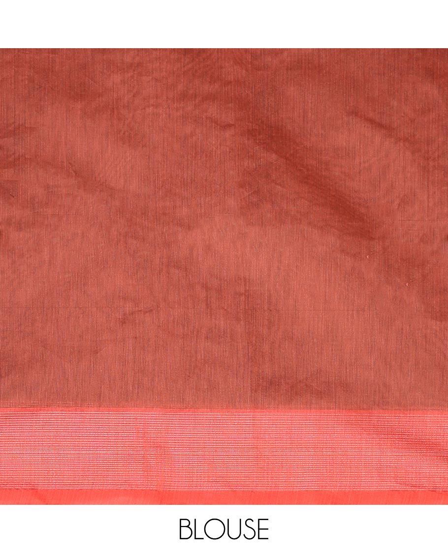 Burnt umber square buttas woven semi-silk cotton saree, contrast zari buttas woven border, and intricate pallu