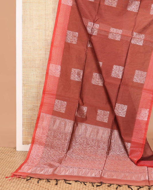 Burnt umber square buttas woven semi-silk cotton saree, contrast zari buttas woven border, and intricate pallu