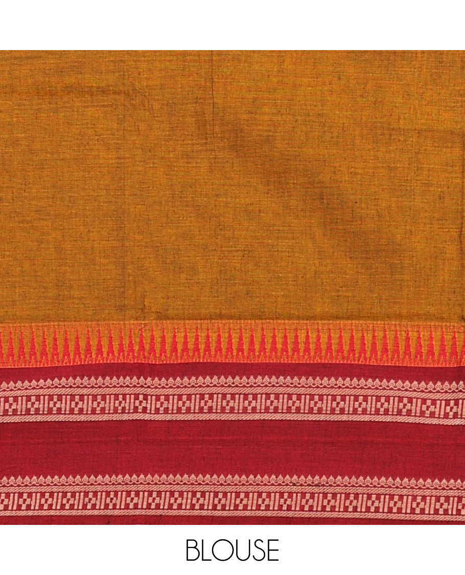 Orange plain Narayanapet cotton saree, contrast temple rettai pettu traditional motifs woven border, and striped pallu