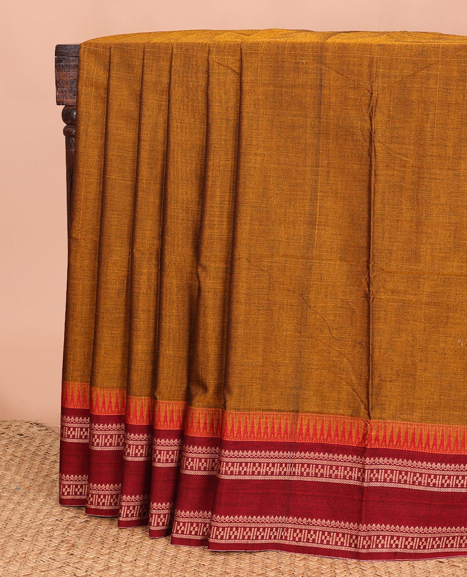 Orange plain Narayanapet cotton saree, contrast temple rettai pettu traditional motifs woven border, and striped pallu