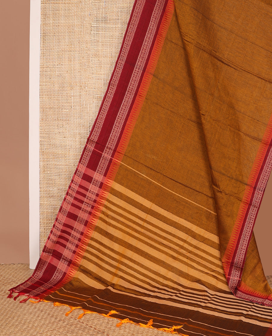 Orange plain Narayanapet cotton saree, contrast temple rettai pettu traditional motifs woven border, and striped pallu