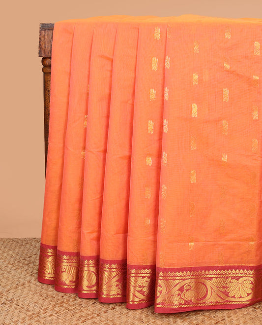 Orange zari buttas Venkatagiri cotton saree, contrast floral creeper zari border, and pallu of paisley designs