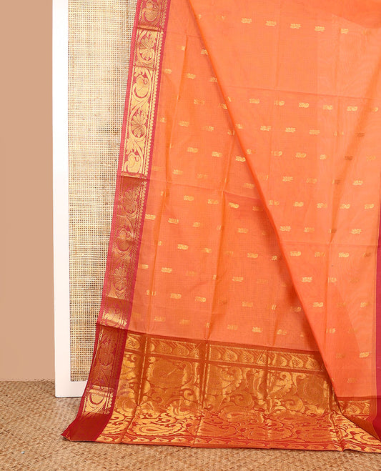 Orange zari buttas Venkatagiri cotton saree, contrast floral creeper zari border, and pallu of paisley designs