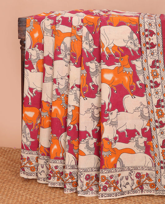 Red Pichwai cow machine-printed kalamkari cotton saree, floral printed border & pallu of Pichwai cow & Radha Krishnan motif print