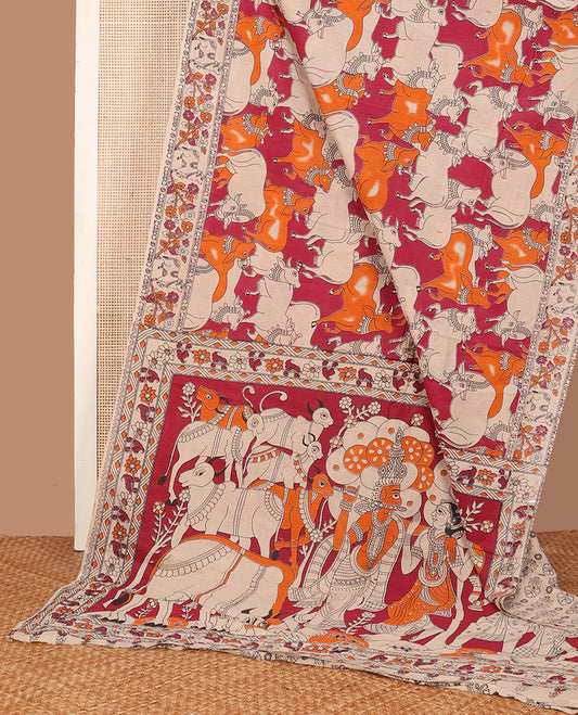 Red Pichwai cow machine-printed kalamkari cotton saree, floral printed border & pallu of Pichwai cow & Radha Krishnan motif print