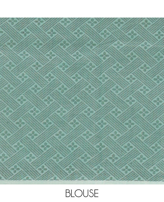 Borderless Turquoise Horse buttas woven Coimbatore cotton saree, self-pallu of geometric patterns