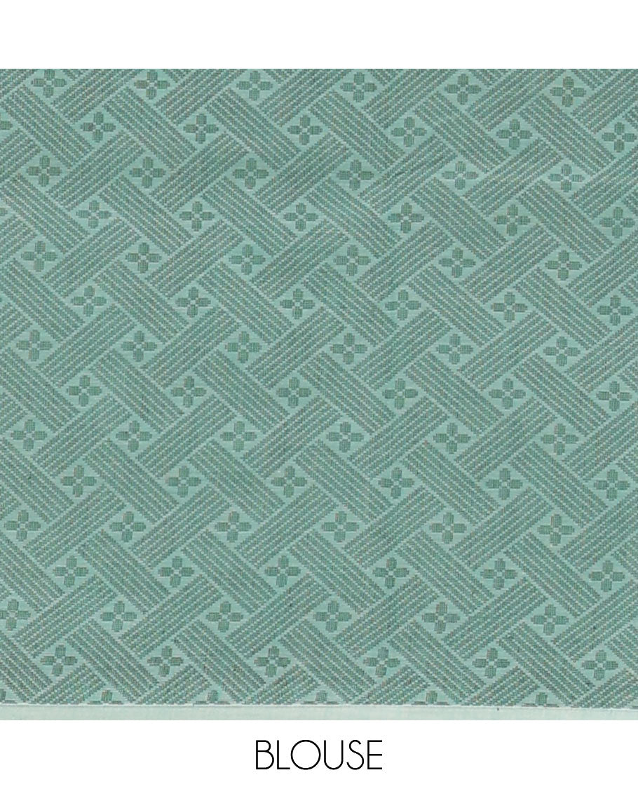 Borderless Turquoise Horse buttas woven Coimbatore cotton saree, self-pallu of geometric patterns