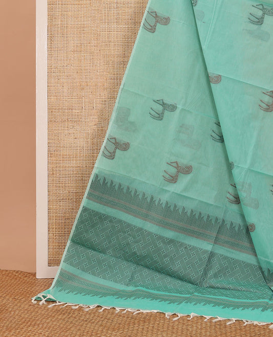 Borderless Turquoise Horse buttas woven Coimbatore cotton saree, self-pallu of geometric patterns