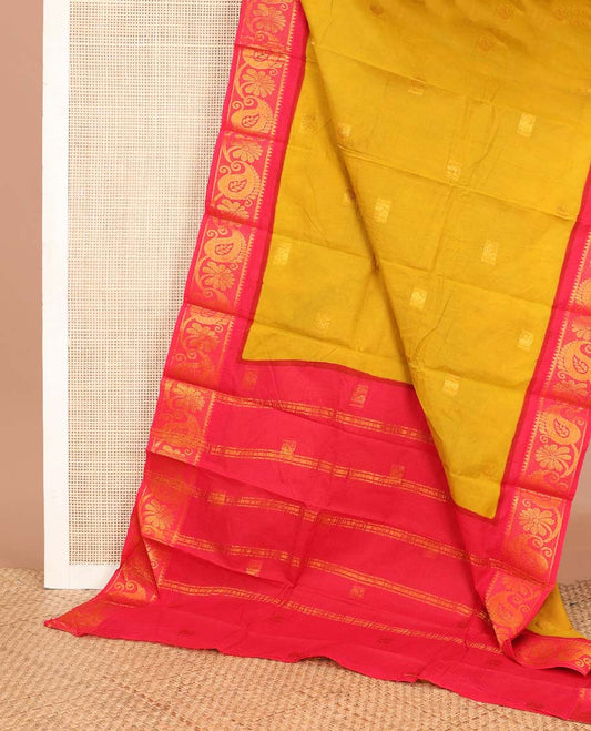 Yellow zari buttas Sungudi cotton saree, contrast leaf motifs zari border & zari striped pallu