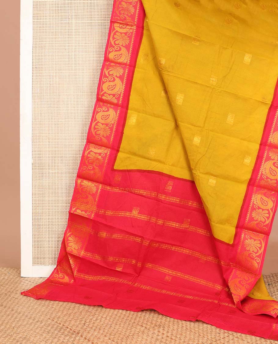 Yellow zari buttas Sungudi cotton saree, contrast leaf motifs zari border & zari striped pallu