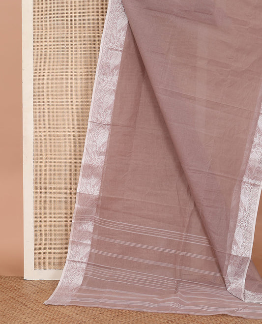 Pale Brown Plain Bengal Cotton Saree, Complemented by a Contrast Leaf Design Border, and Pallu Steeped with Stripes