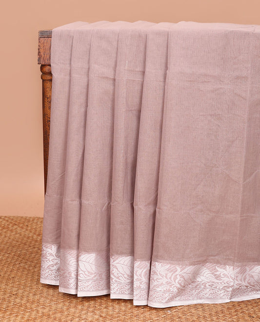 Pale Brown Plain Bengal Cotton Saree, Complemented by a Contrast Leaf Design Border, and Pallu Steeped with Stripes
