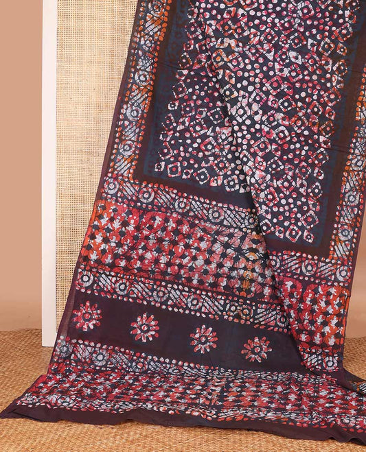 Blue base batik printed mul mul cotton saree, batik printed self-border, and pallu