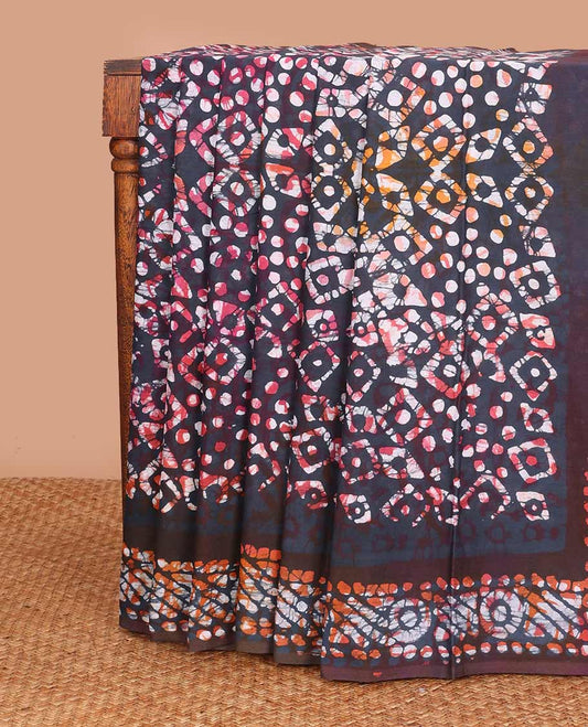 Blue base batik printed mul mul cotton saree, batik printed self-border, and pallu