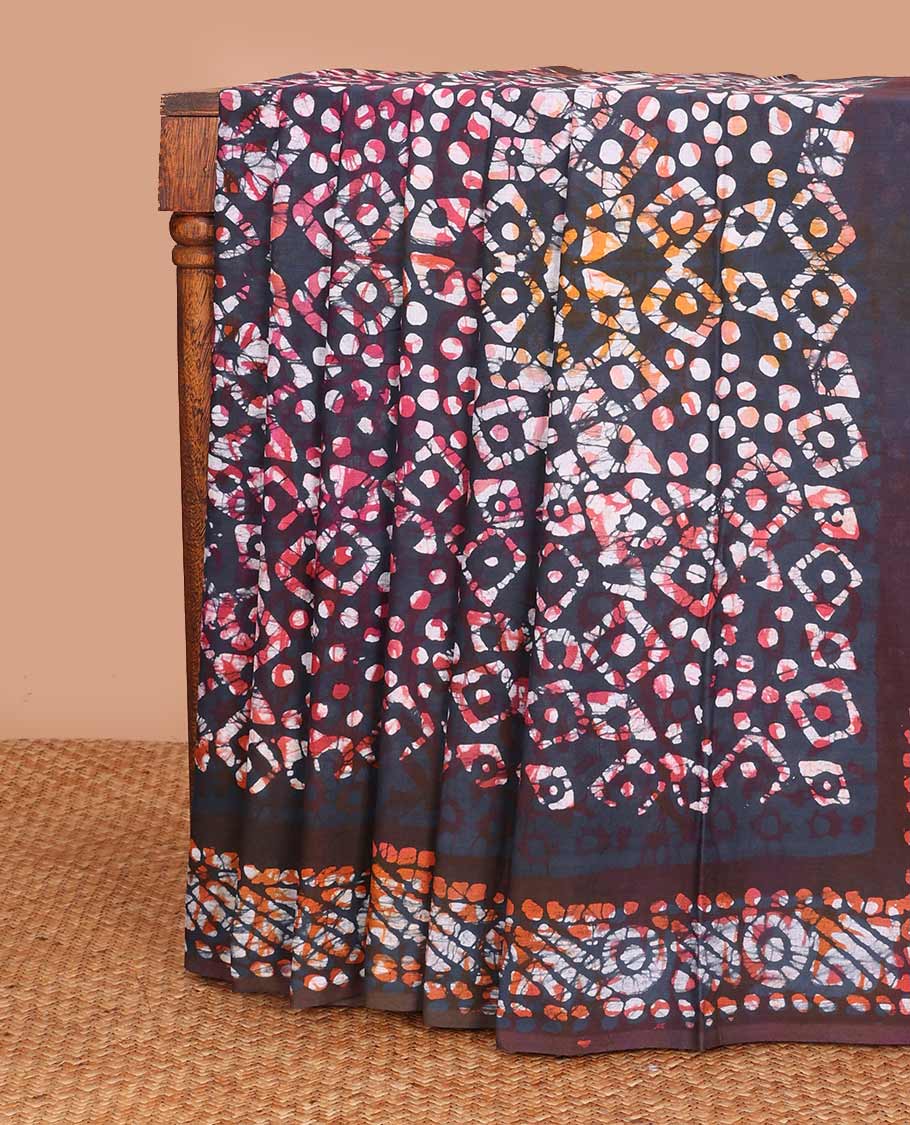 Blue base batik printed mul mul cotton saree, batik printed self-border, and pallu