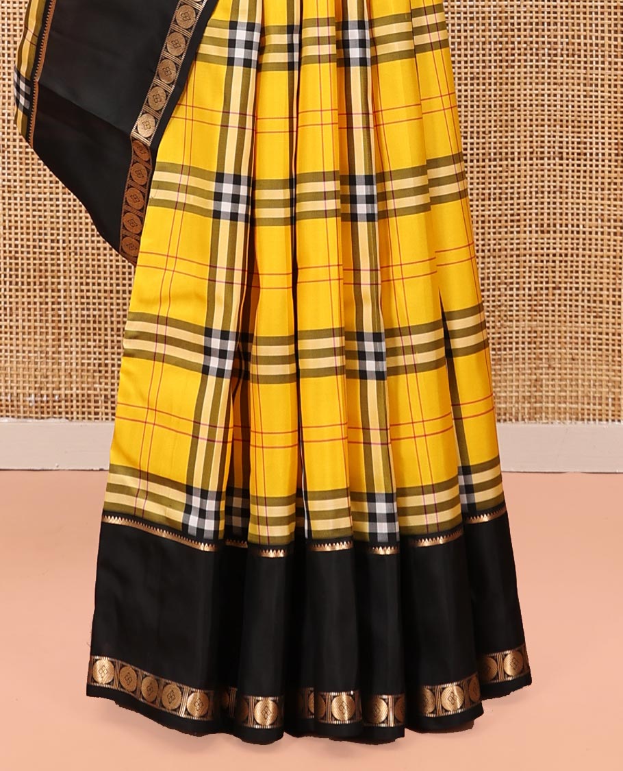 Yellow-Black Vasundhara Lite Silkmix Saree, Elevated with Checks, Contrast Rettai Pettu Border of Rekku and Poun, Zari-Striped Pallu, and a Contrast Blouse